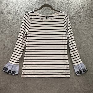 White House‎ Black Market Small Black White Shirt Blue Embroidered Cuffs Eyelits